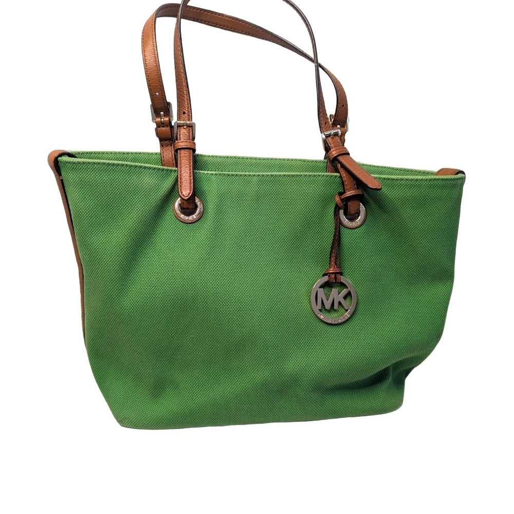 Michael Kors MK Signature Green Canvas Tote Leather Trim Shoulder Bag